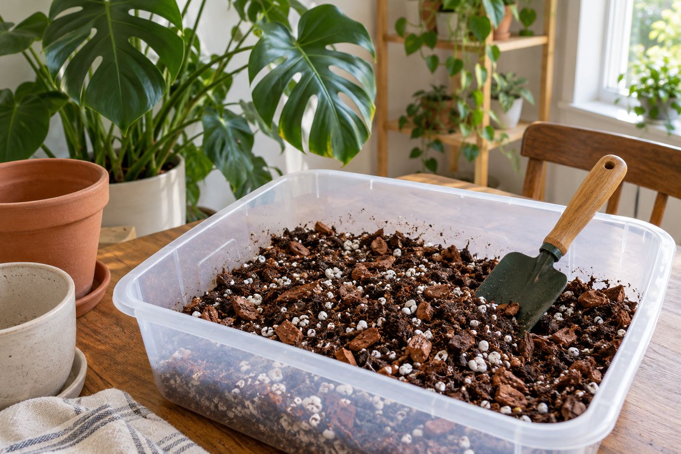 Hand-mixed chunky aroid mix of potting soil, orchid bark and perlite in a tub