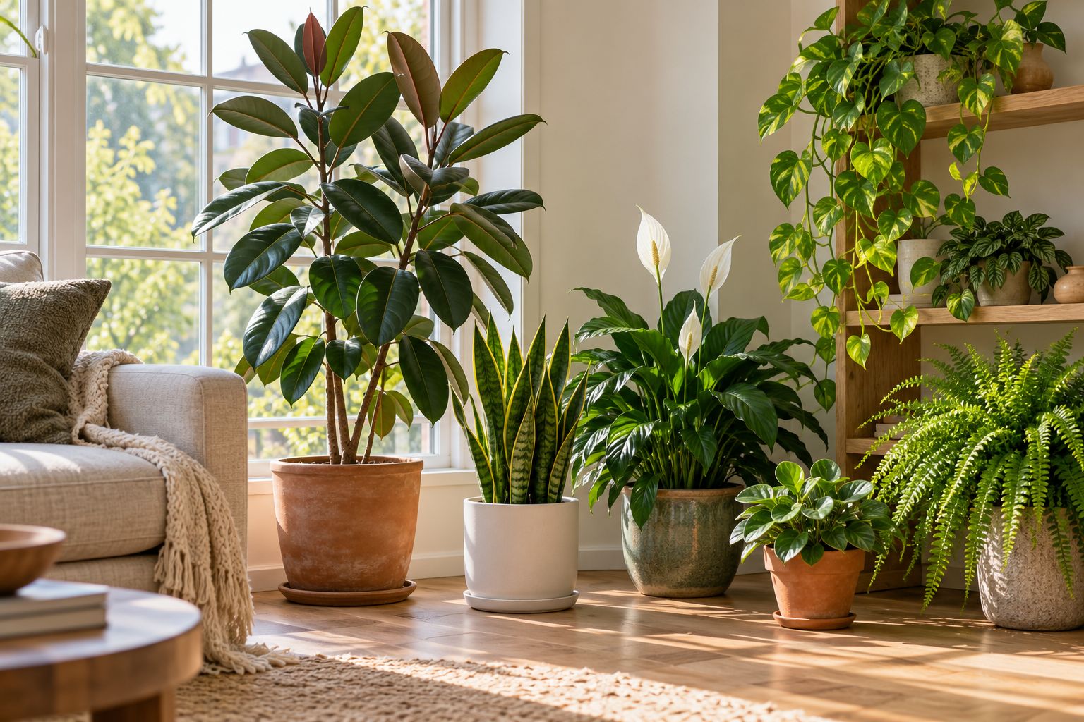 A group of popular indoor plants in a bright living room: snake plant, pothos, rubber plant and peace lily