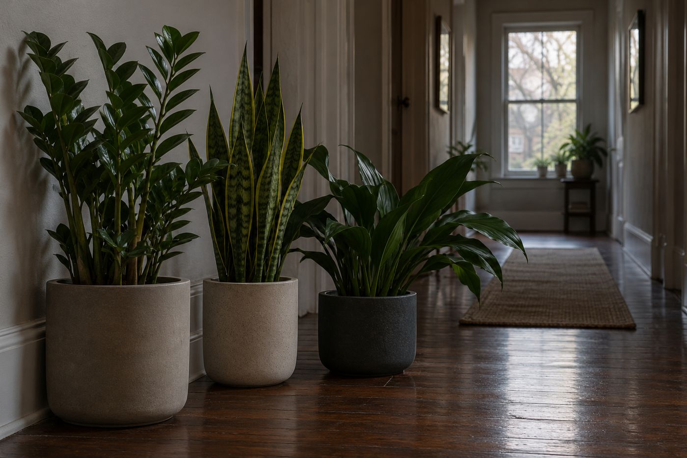 ZZ plant, snake plant and cast iron plant in a dim hallway