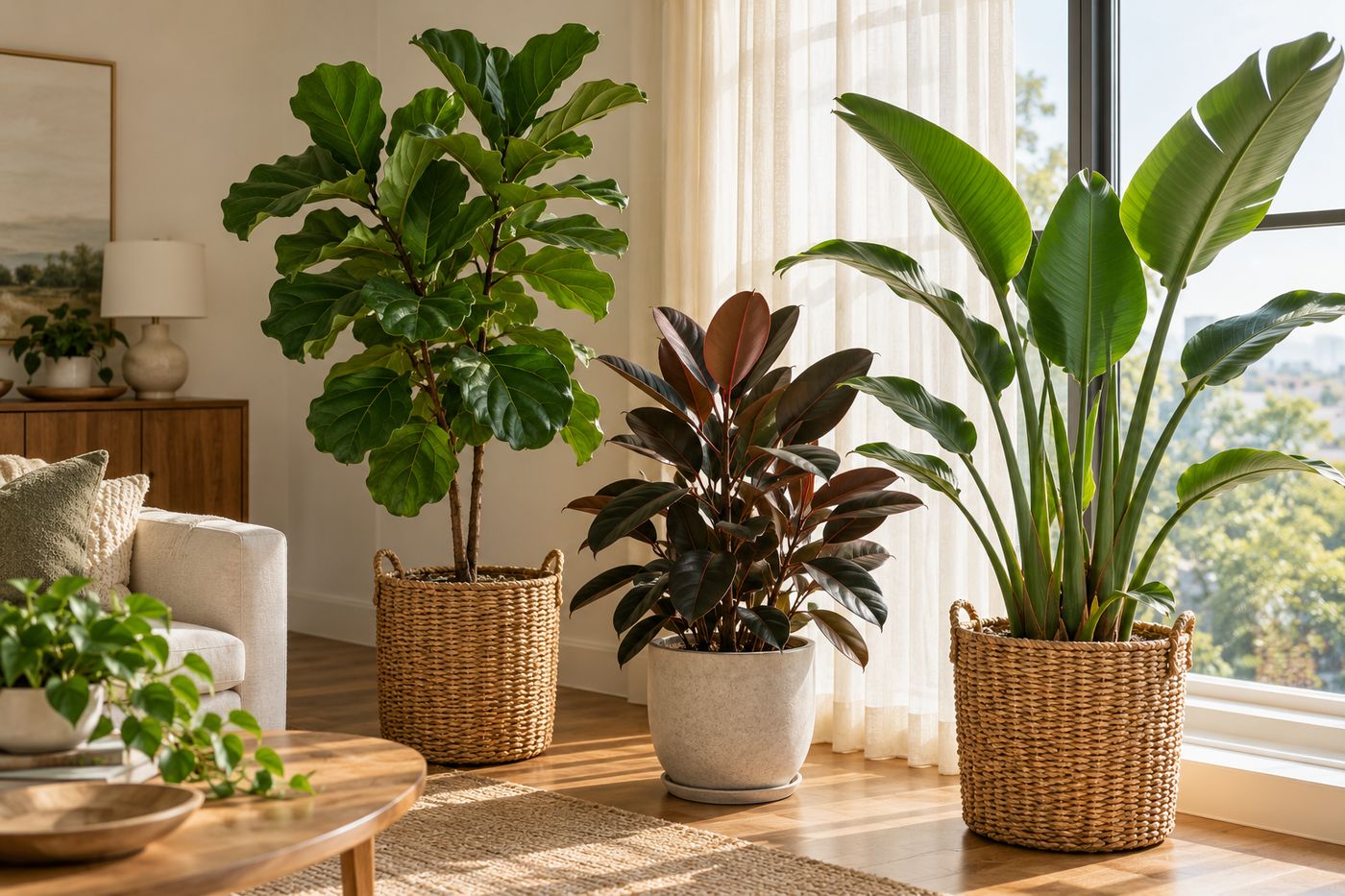 Indoor trees by a big window: fiddle leaf fig, rubber plant and bird of paradise