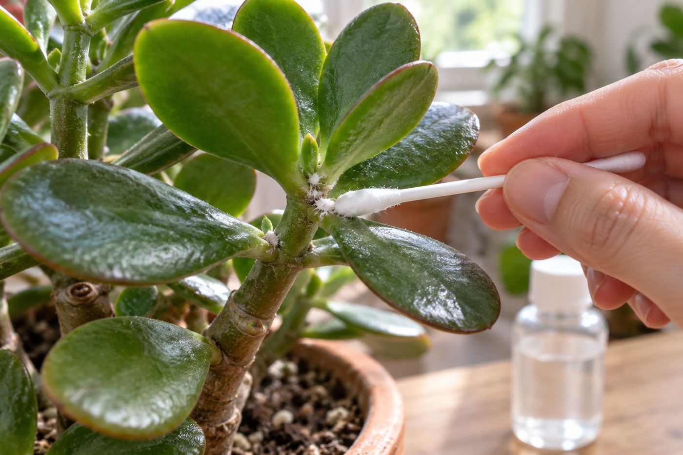 Cotton swab dipped in rubbing alcohol dabbing a mealybug in a leaf axil