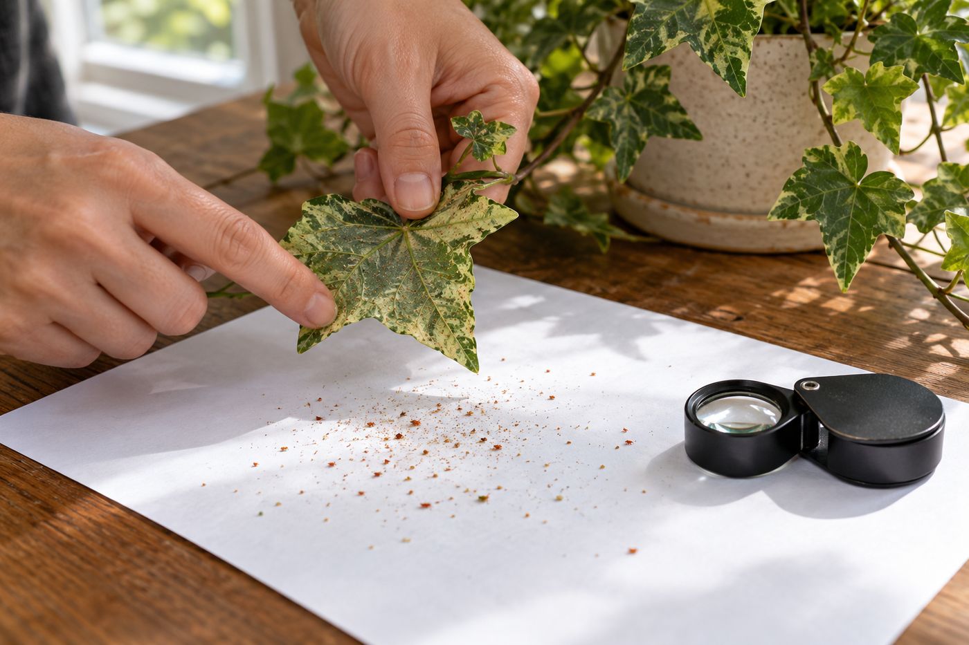 Tapping a stippled leaf over a sheet of white paper to check for moving spider mites