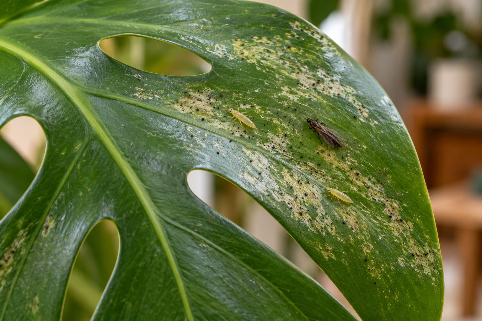 Close-up of thrips larvae and an adult on a houseplant leaf with silvery feeding scars
