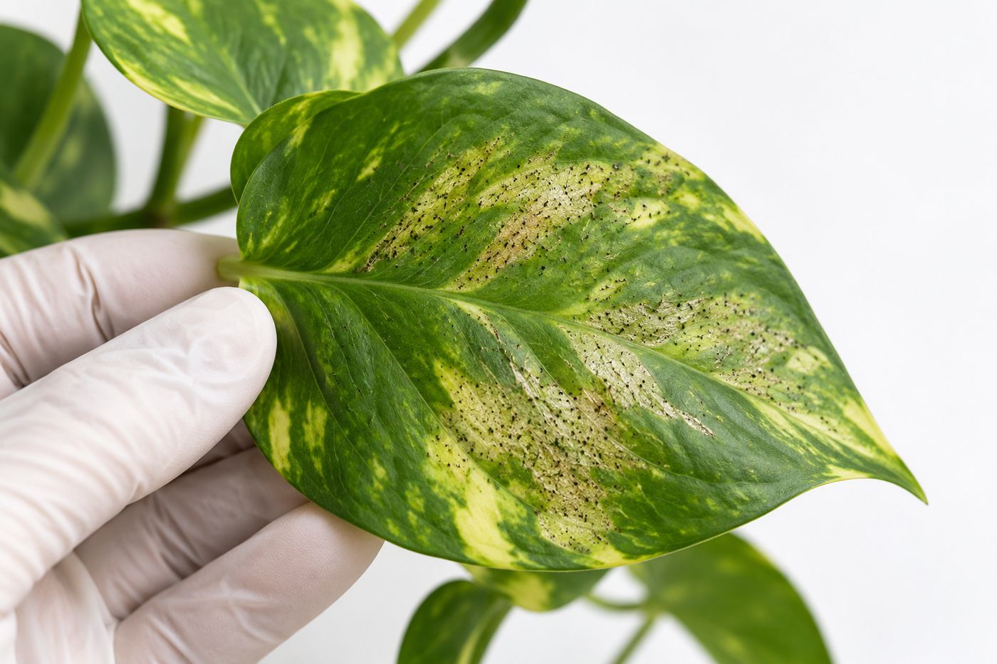 Houseplant leaf with silvery stippling and black excrement specks from thrips