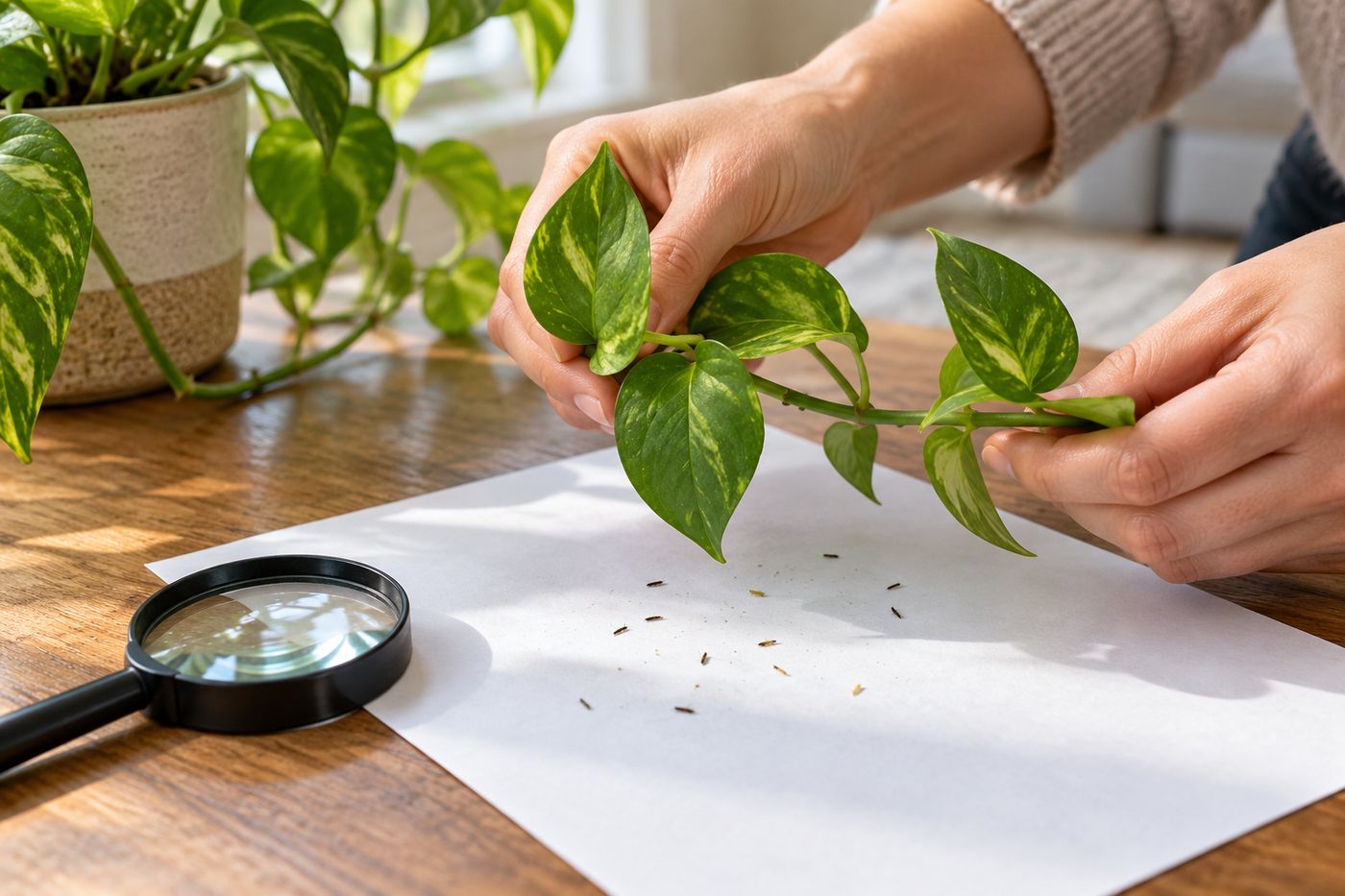 Tapping a plant over white paper to reveal thrips