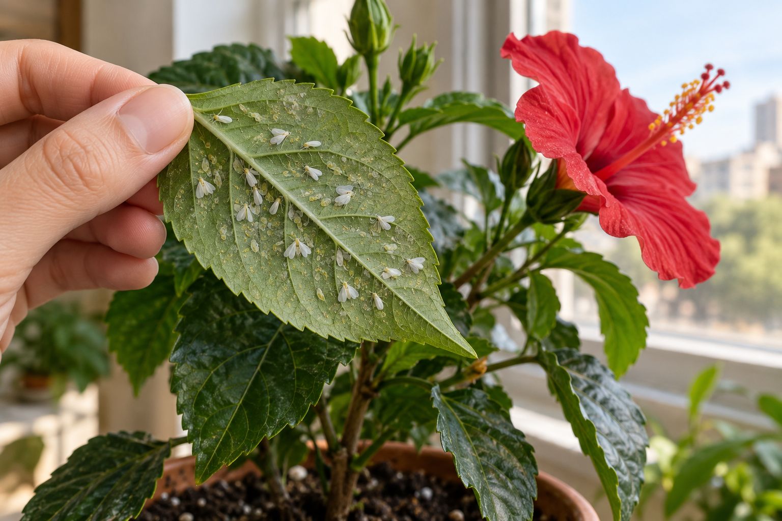 Tiny white adult whiteflies on the underside of a hibiscus leaf turned toward the light
