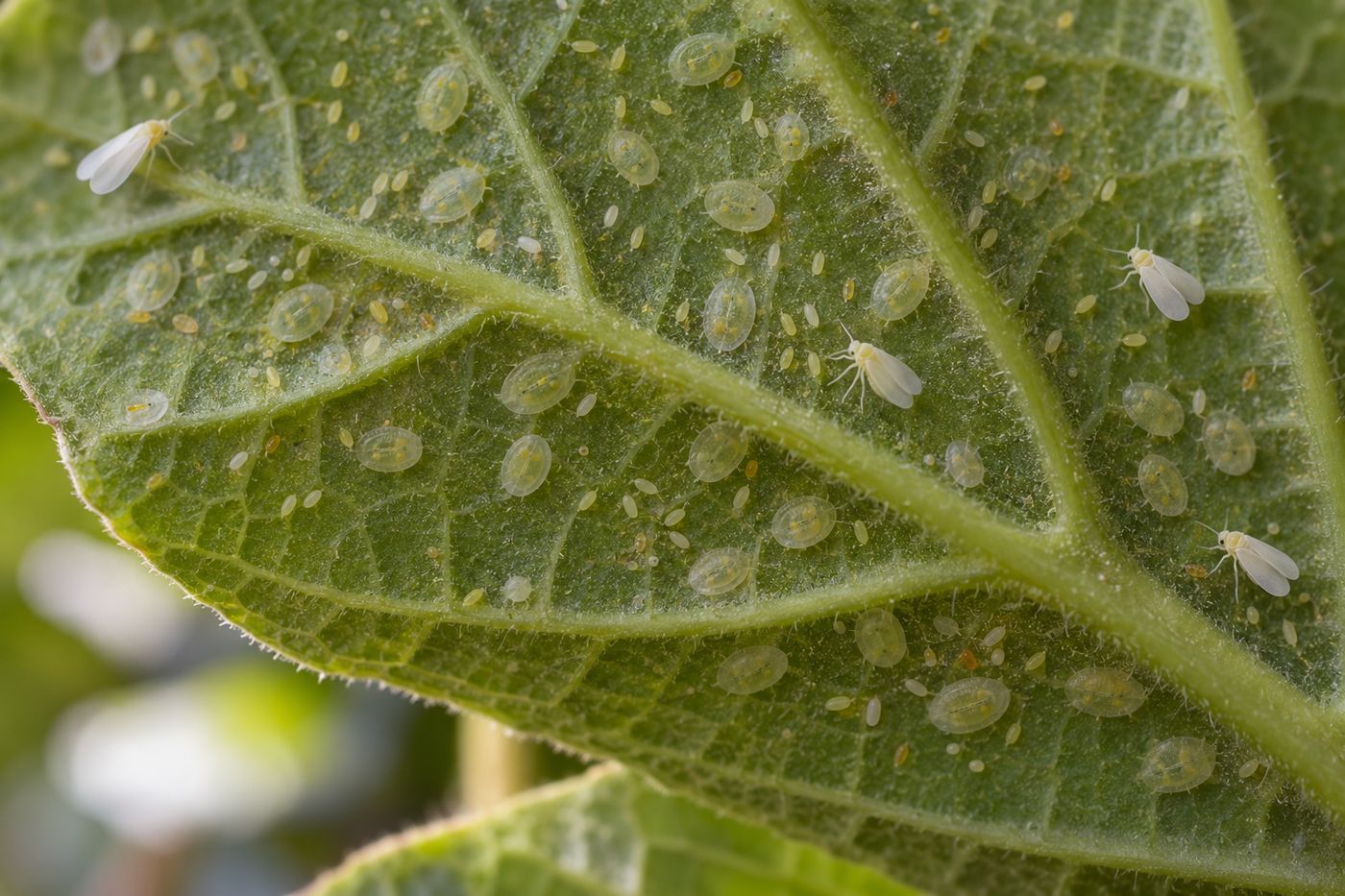 Flat pale oval whitefly nymphs and eggs on the underside of a leaf