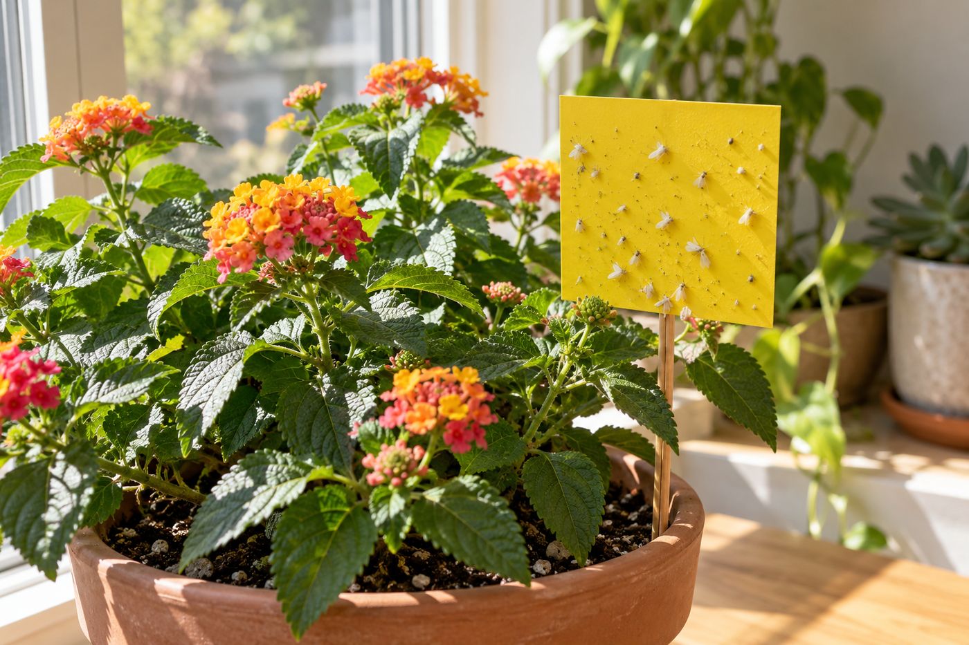 A yellow sticky card on a stake among the leaves of a potted lantana