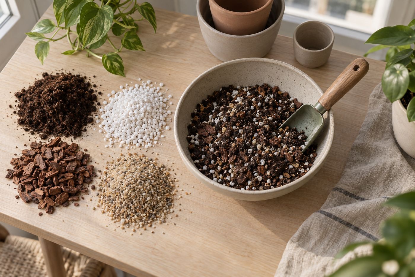 Potting mix components in separate piles: peat, perlite, bark and sand