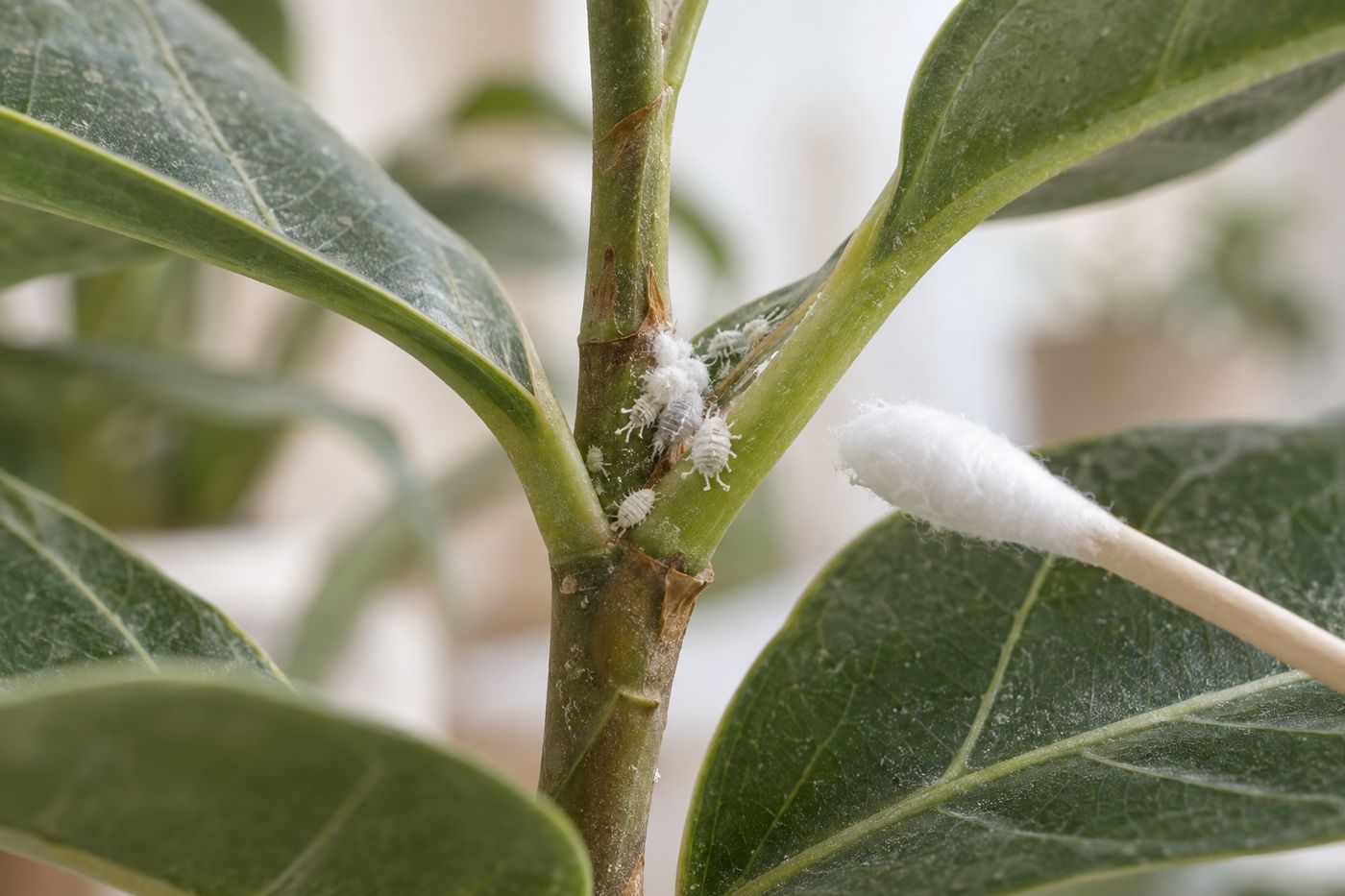 White cottony mealybug clusters in a houseplant leaf axil