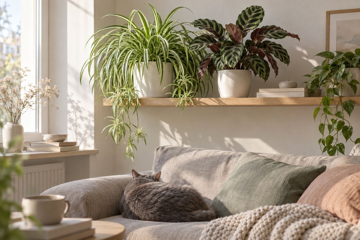 Spider plant and calathea on a shelf with a sleeping cat below