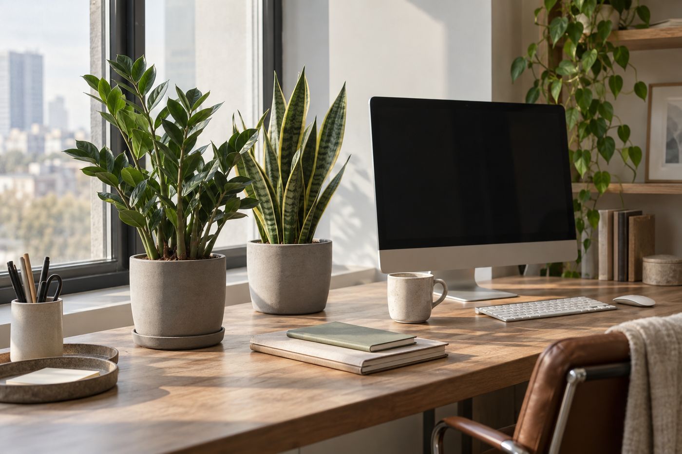 ZZ plant and snake plant on an office desk next to a monitor