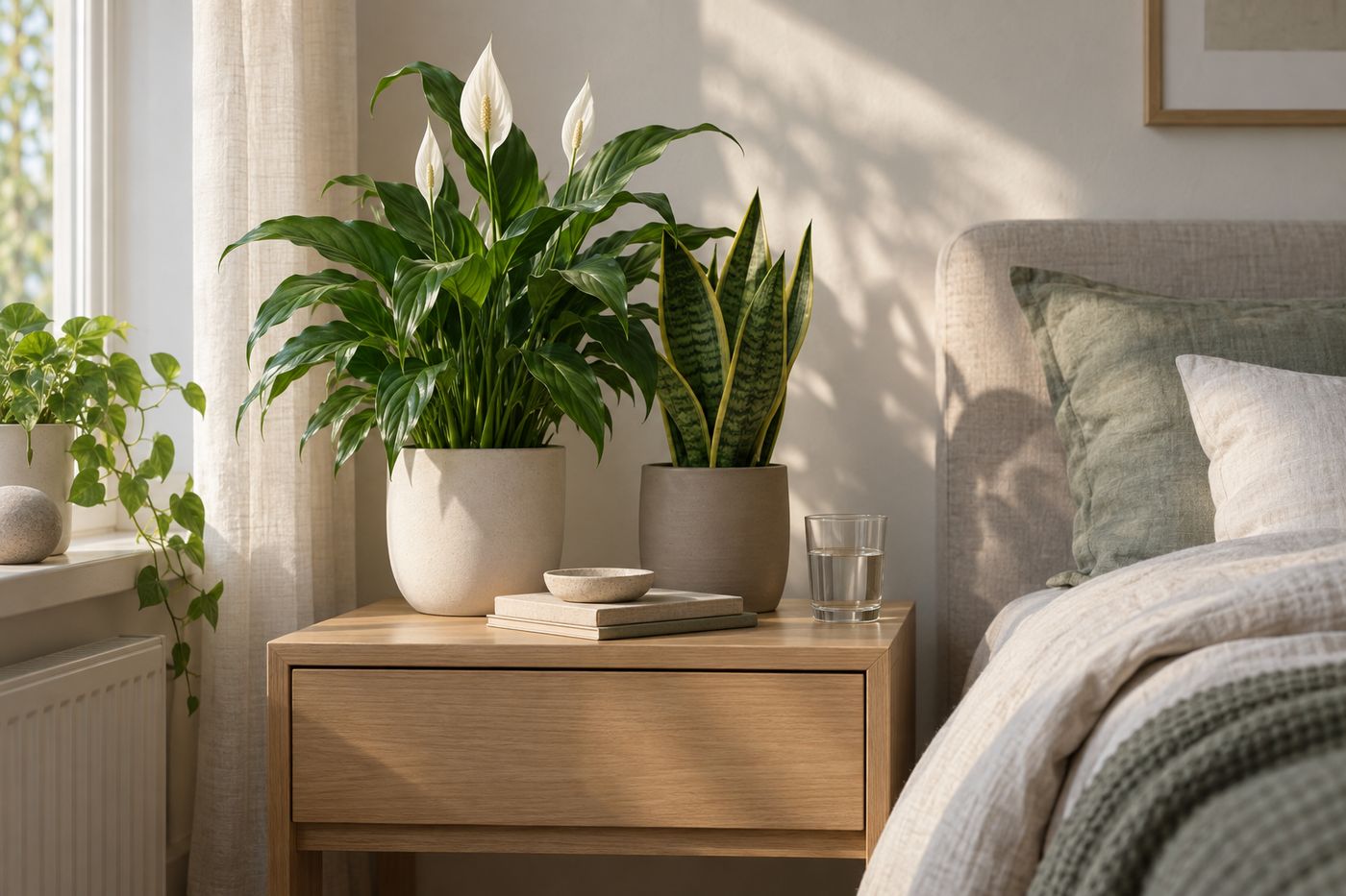Snake plant and peace lily on a nightstand