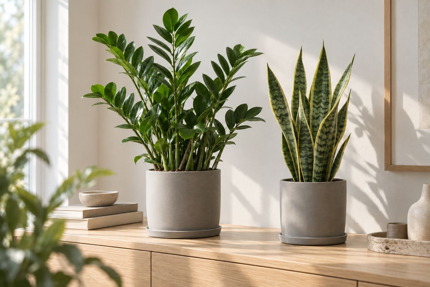ZZ plant and snake plant on a dresser against a wall