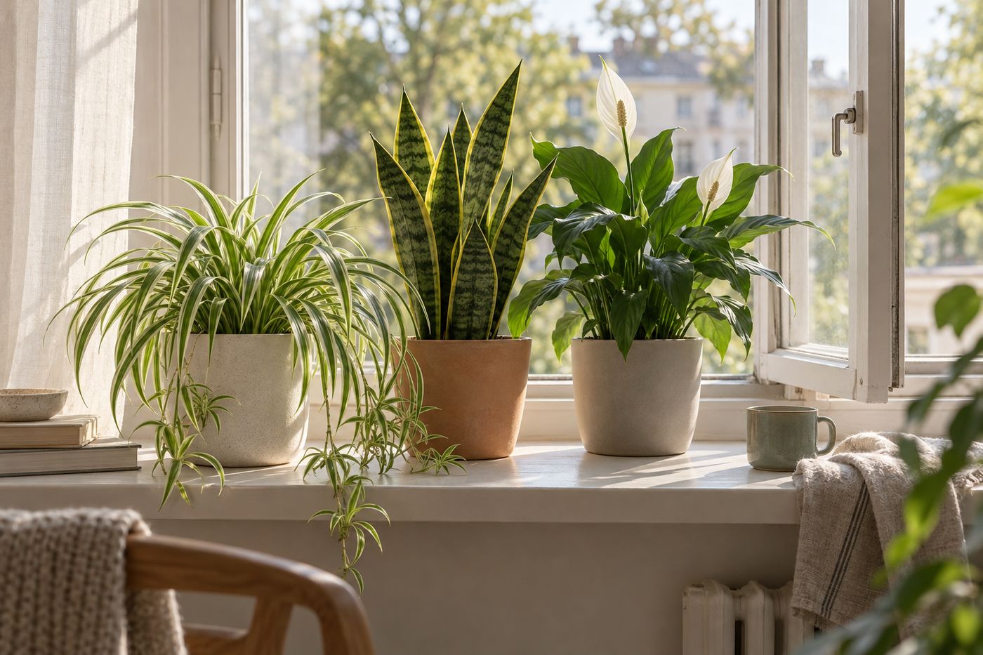 Spider plant, snake plant and peace lily on a wide windowsill