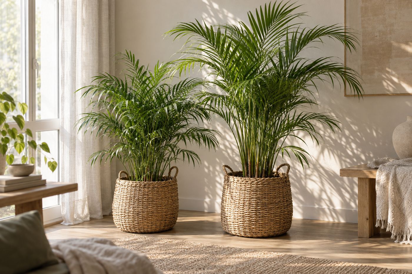 Parlor palm and areca palm in woven baskets
