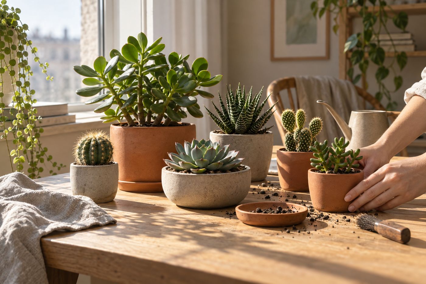 Succulents and cacti in shallow pots on a table