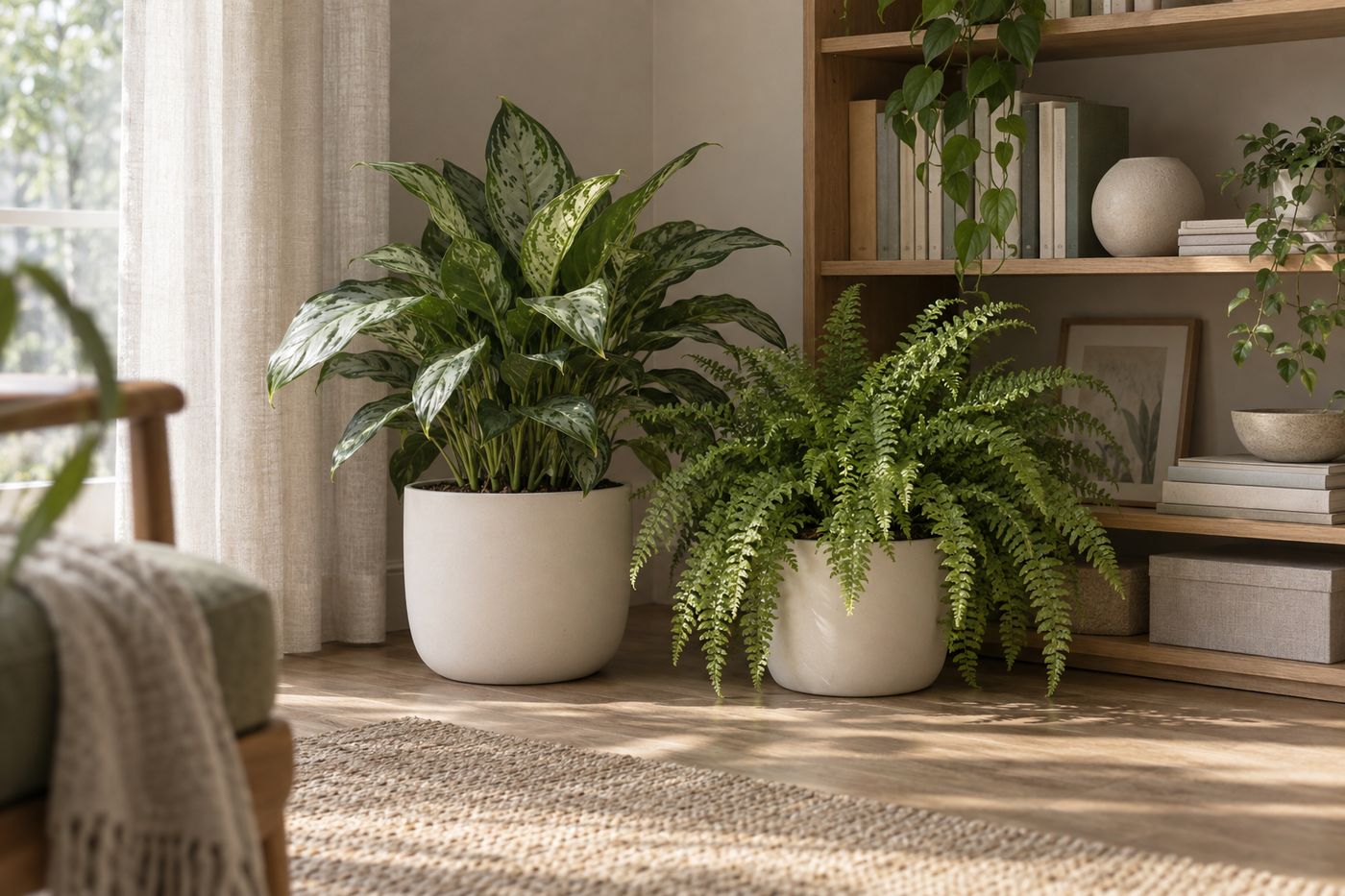 Chinese evergreen and a fern in a dim corner by a bookshelf