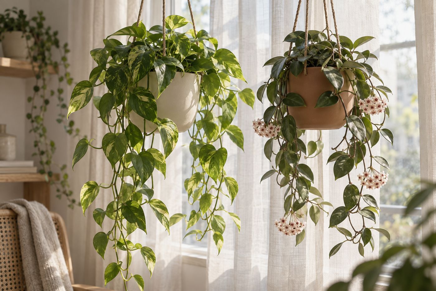 Pothos and hoya in hanging baskets by a window