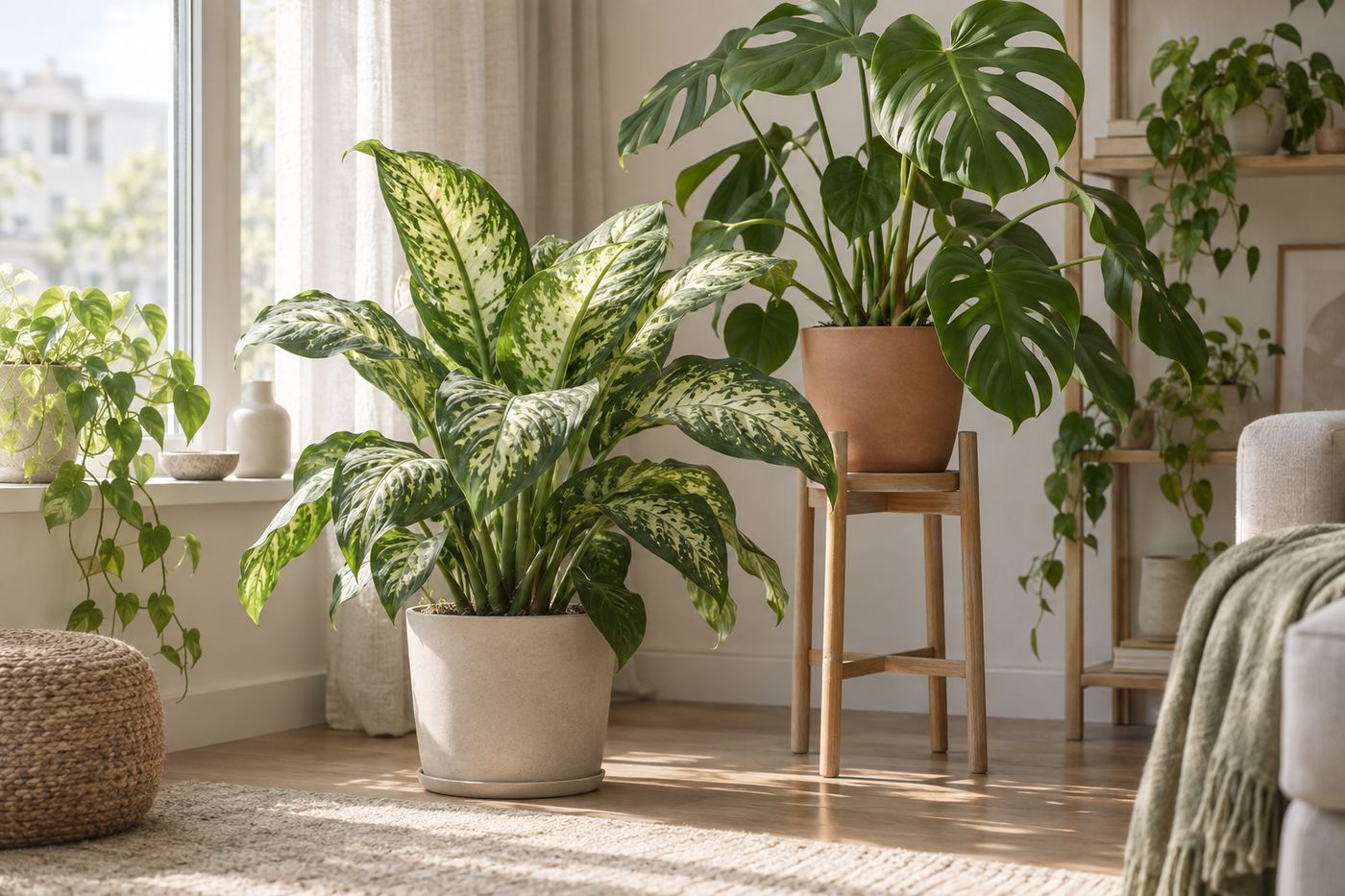 Dieffenbachia and monstera on a tall plant stand