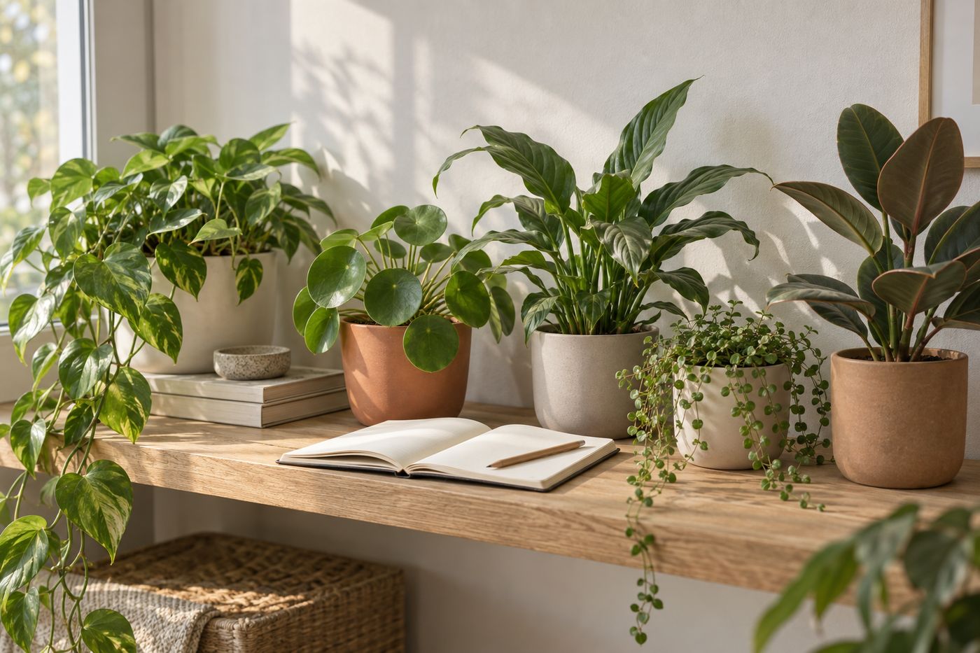 Shelf with houseplants and a notebook