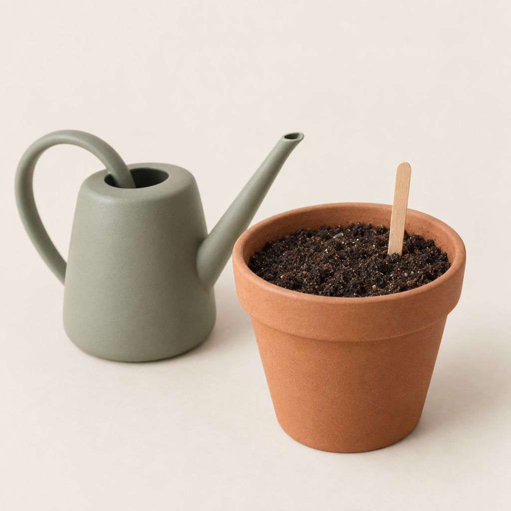 Watering can and terracotta pot with a moisture stick