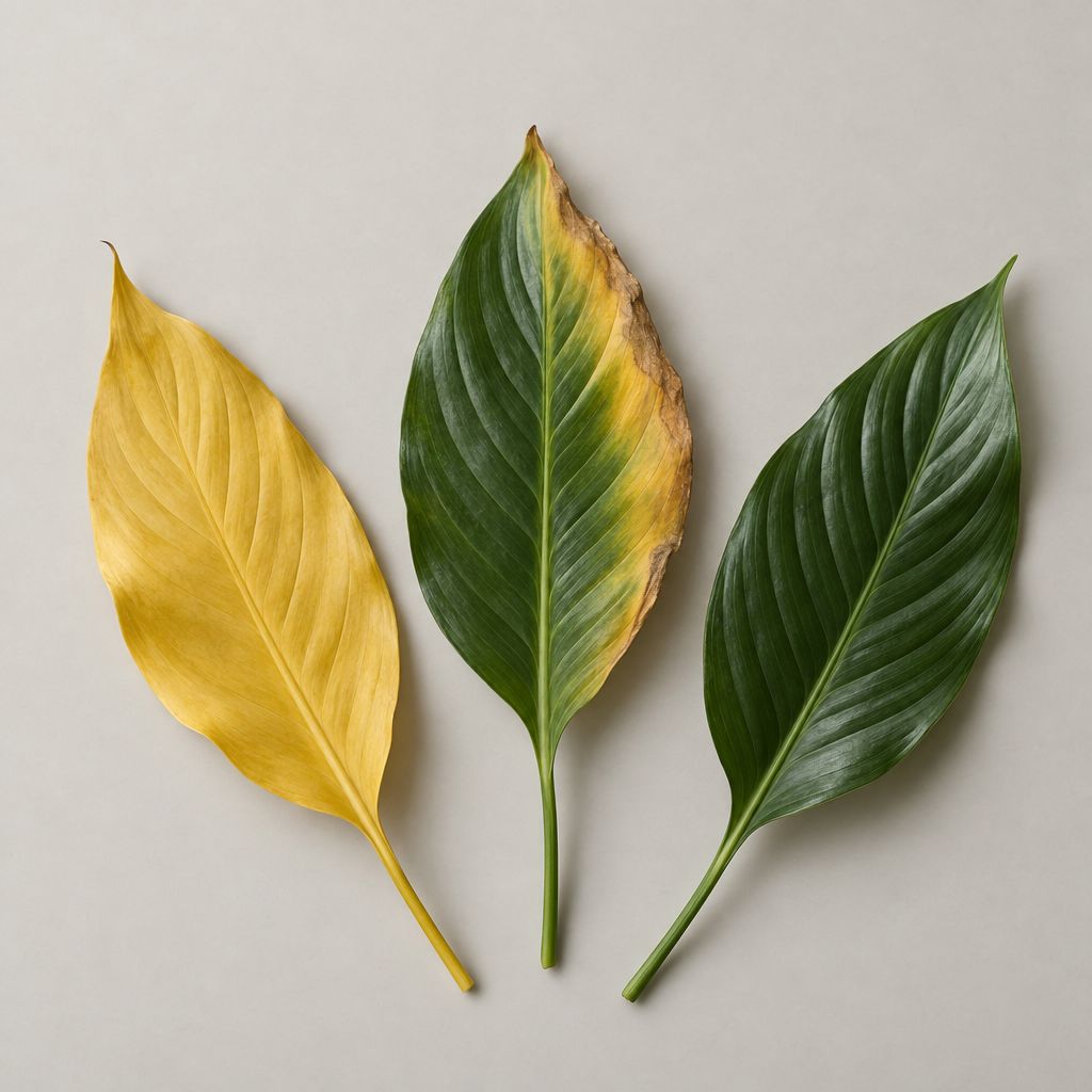 Three peace lily leaves: yellow, yellow-edged and healthy