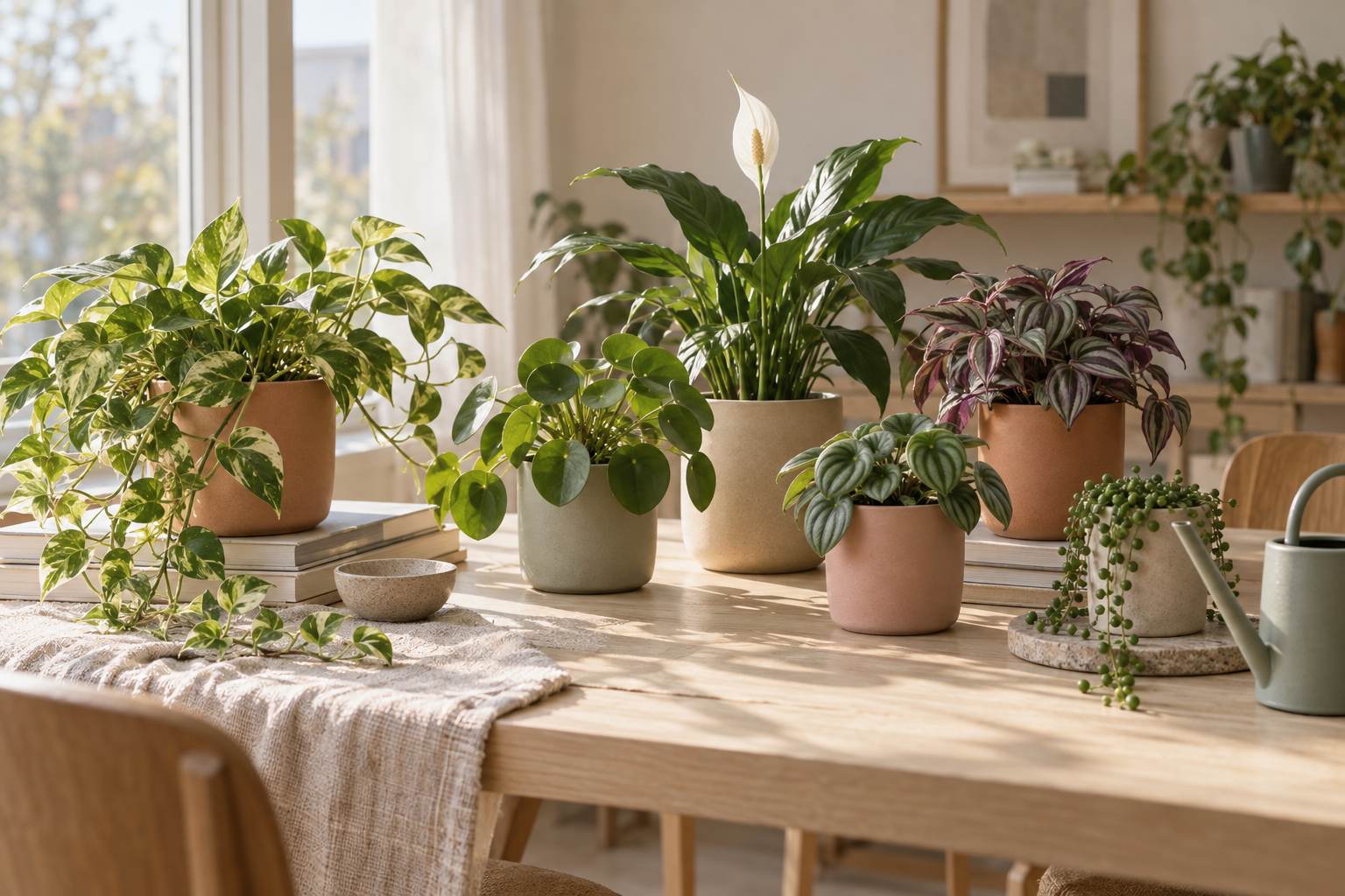 Houseplants grouped in pastel-colored pots