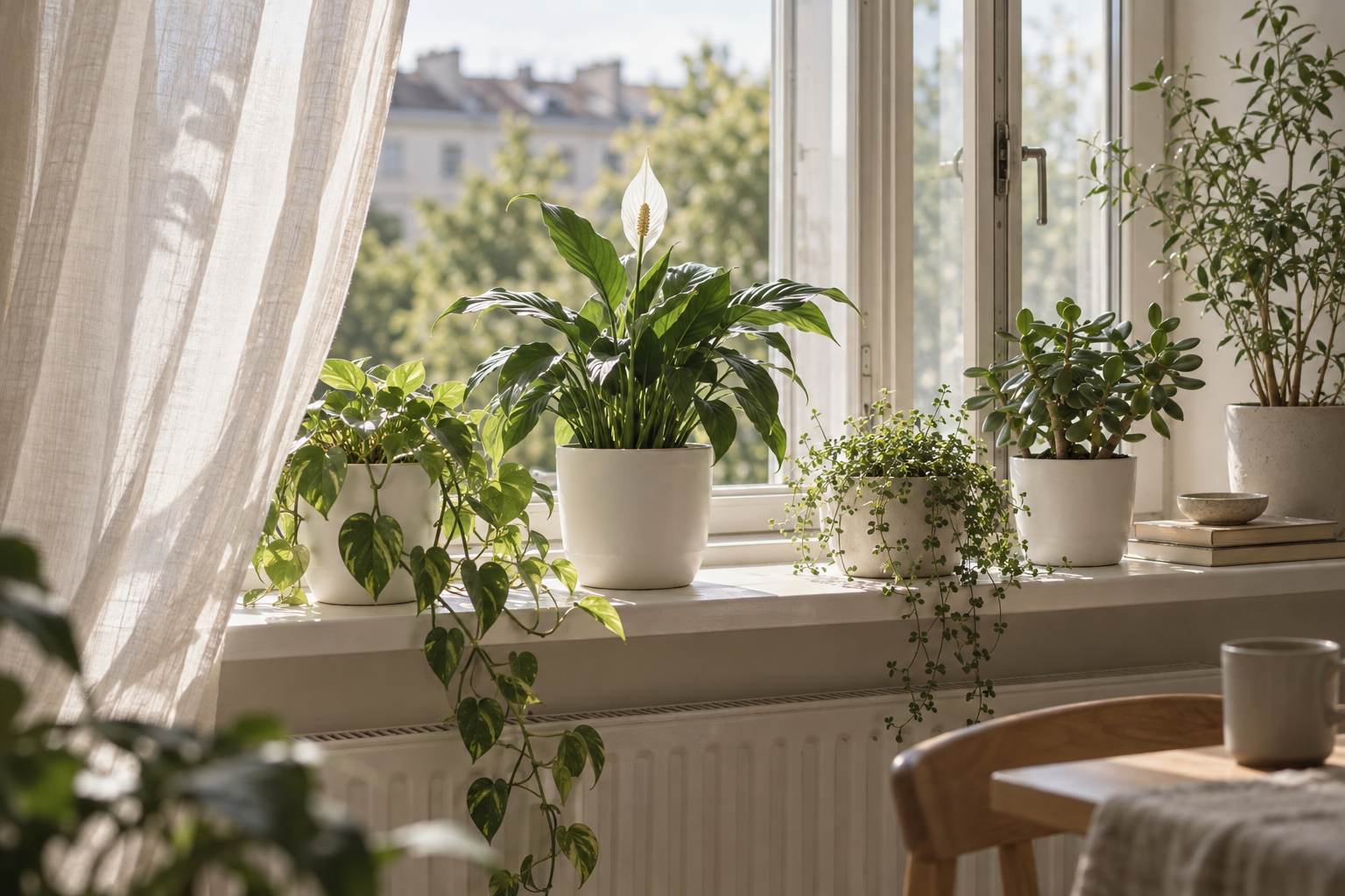 Windowsill with plants and an open window