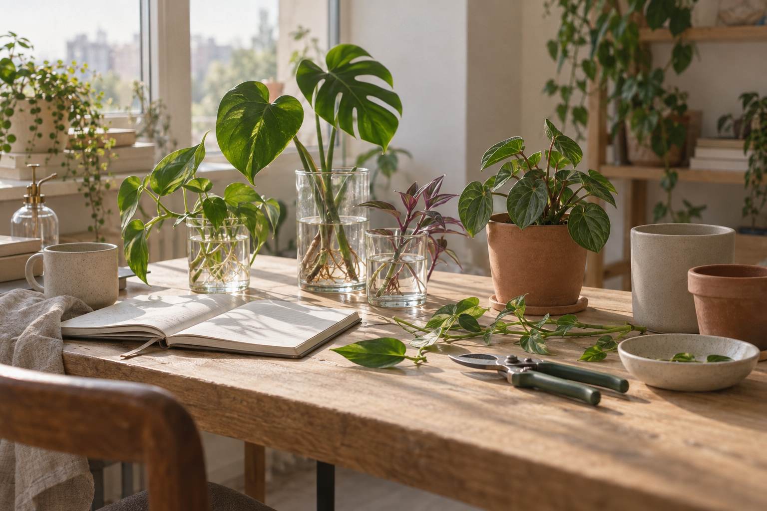 Plant lover’s desk with a notebook, pruners and cuttings in glasses