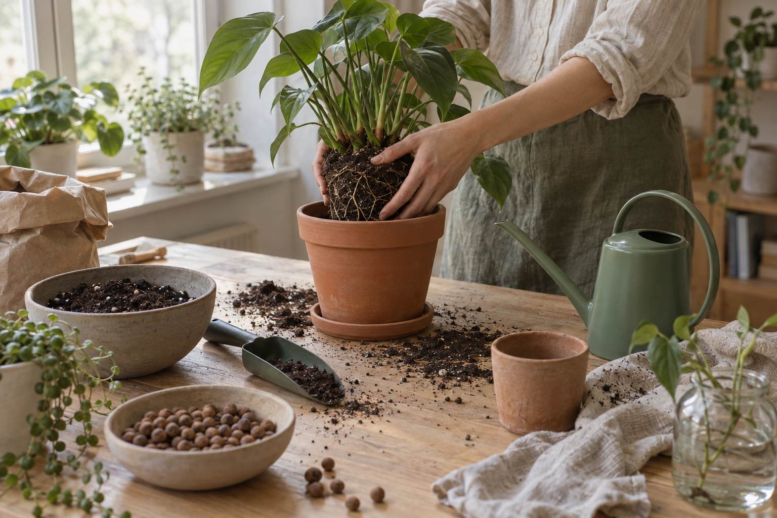 Table with pots, potting mix, a trowel and a watering can during repotting