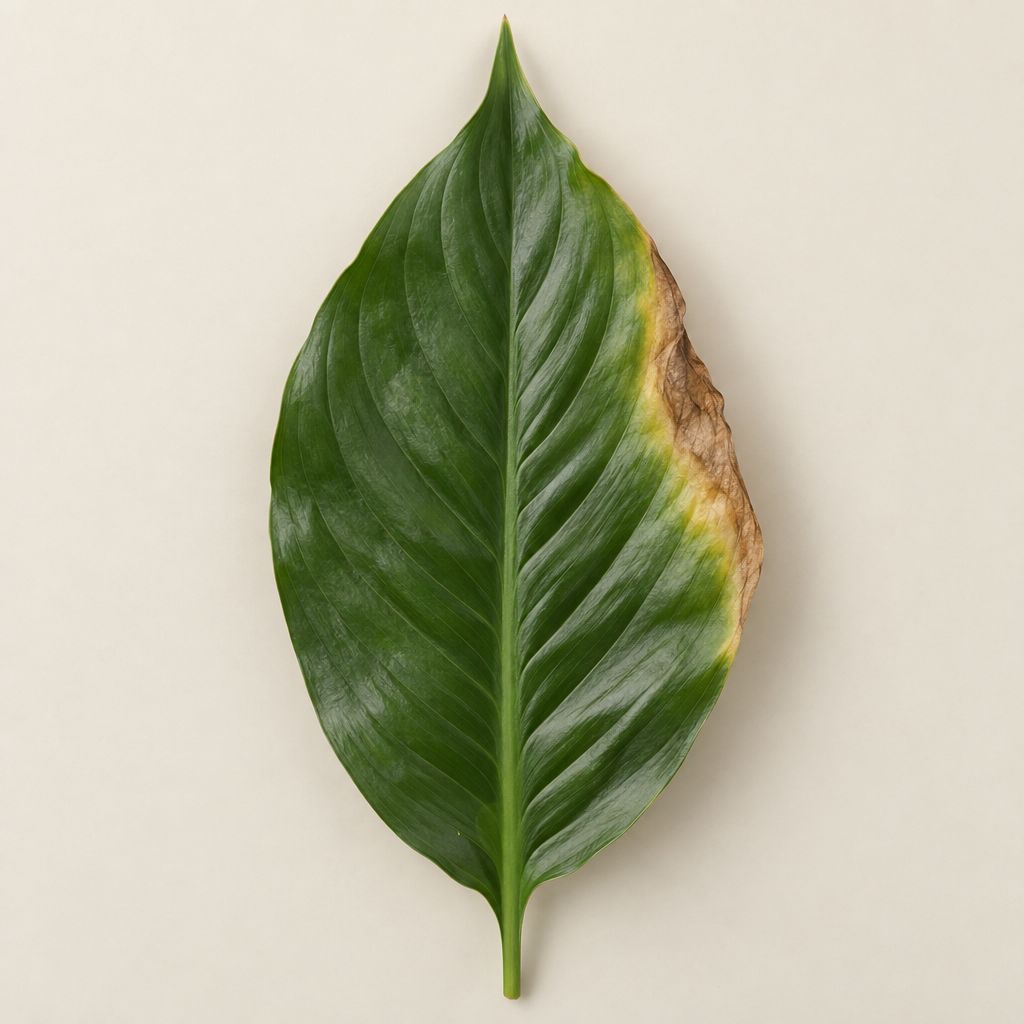 Peace lily leaf with a yellowing, drying edge