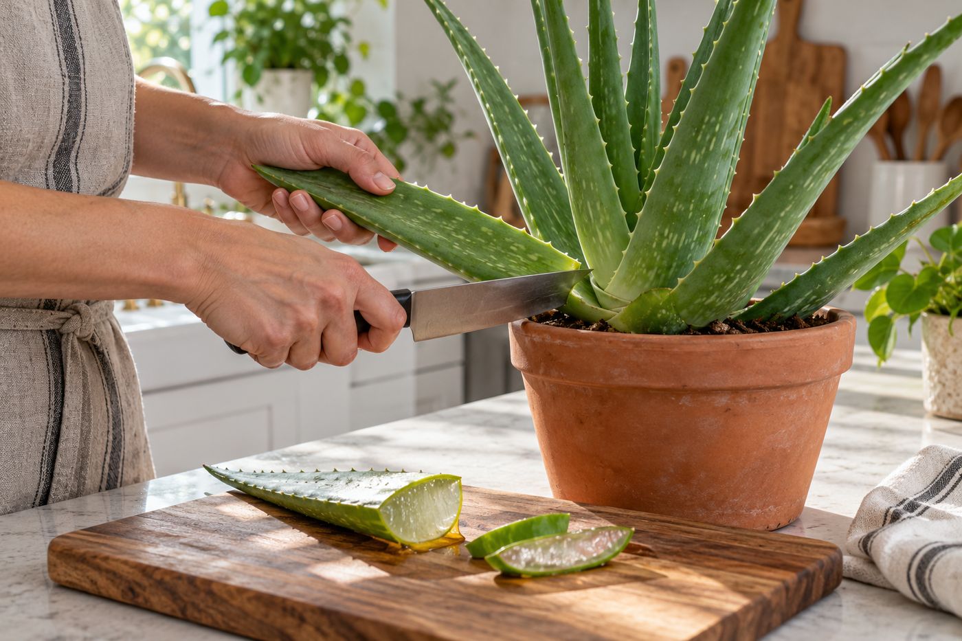 Cutting an outer aloe vera leaf at the base with a clean knife
