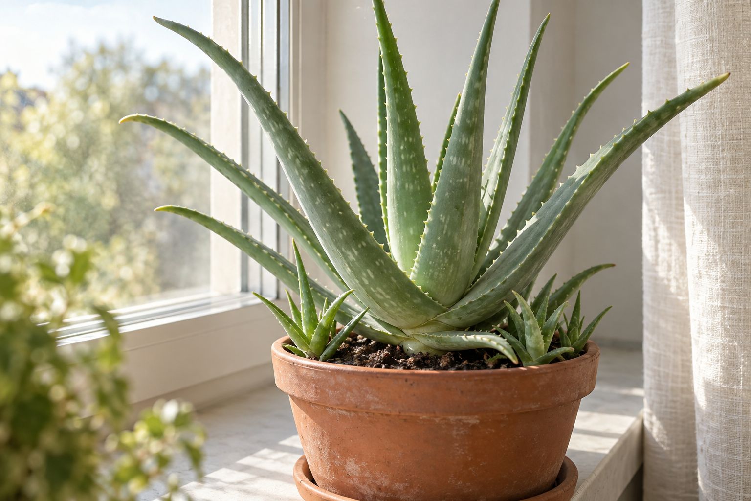 Aloe vera with thick gray-green leaves in a terracotta pot on a sunny windowsill