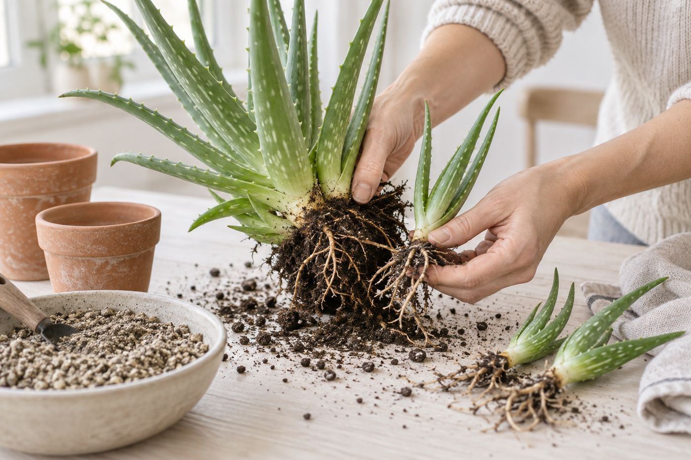 Separating aloe pups from the mother plant during repotting