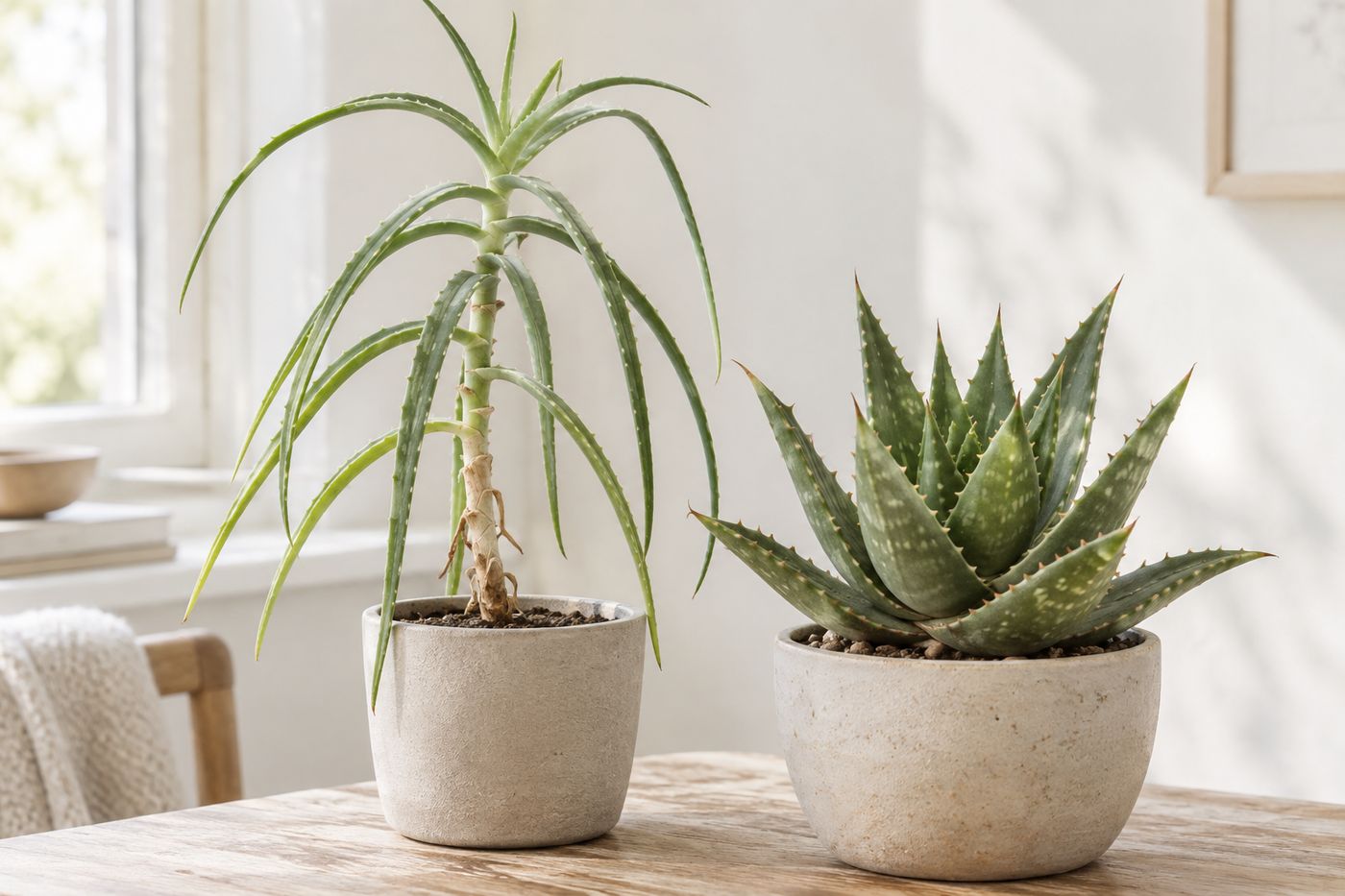 A stretched aloe with thin, leaning leaves next to a compact one