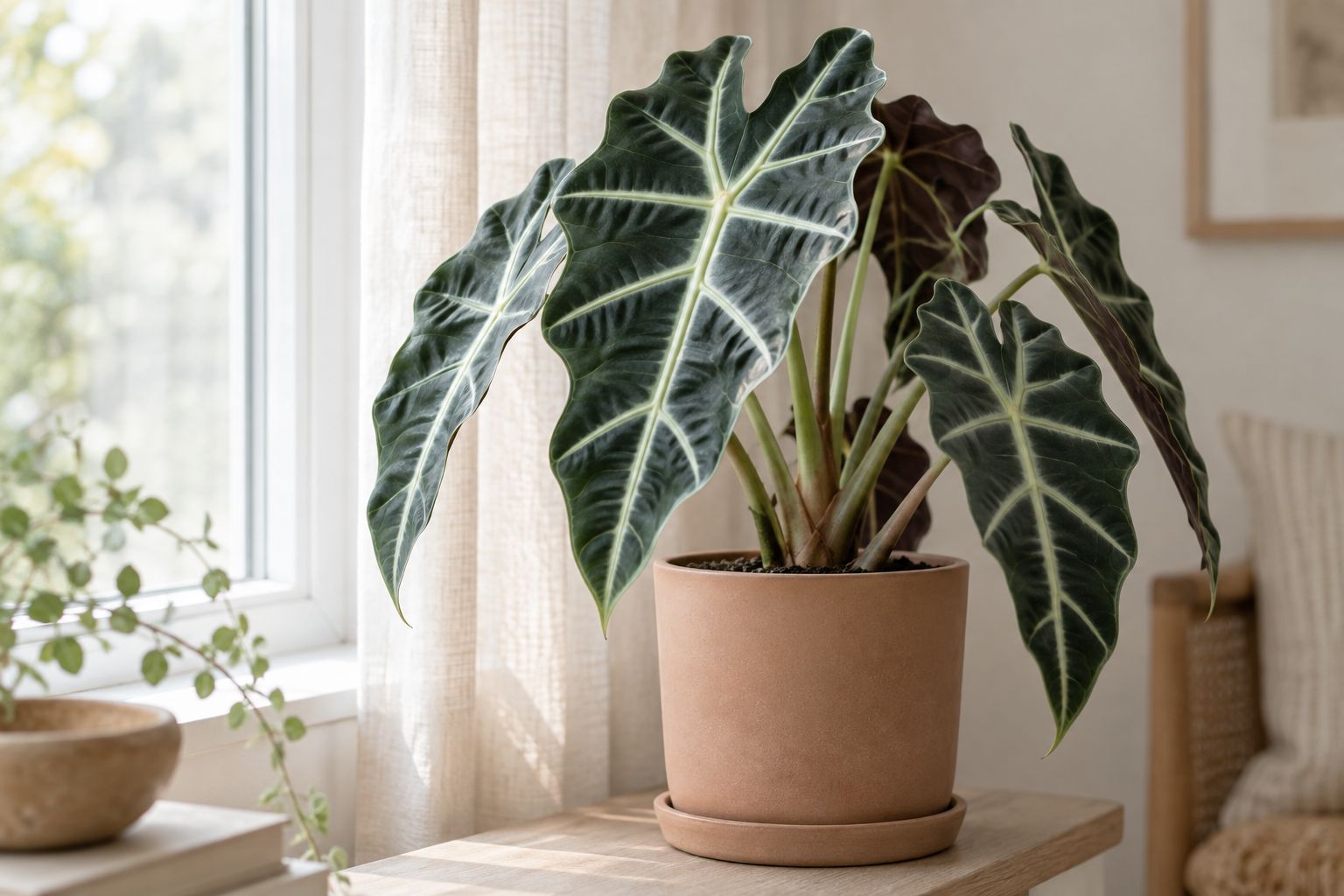 Alocasia Polly with dark arrow-shaped leaves and white veins in a white pot
