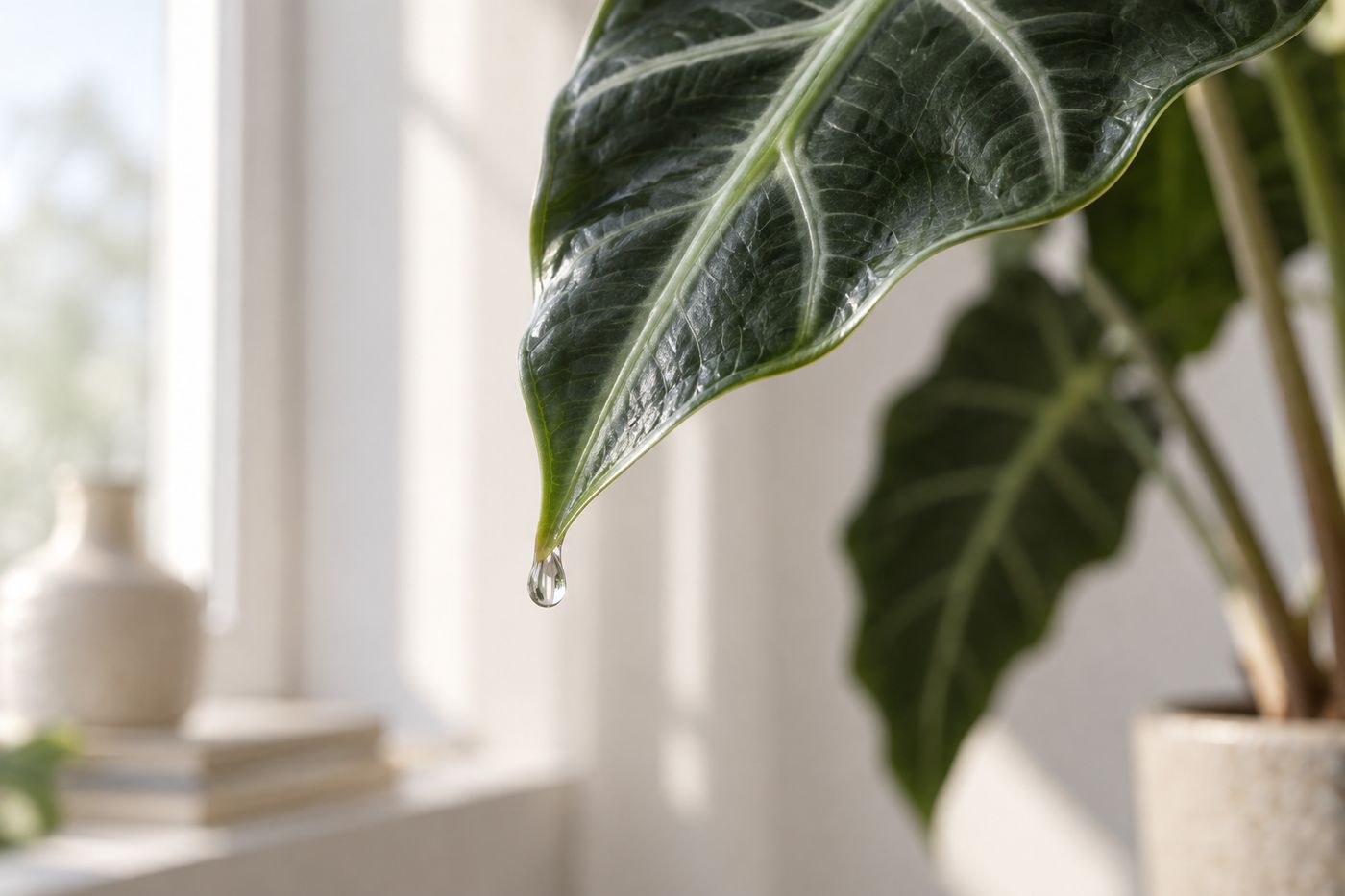 Water droplets on alocasia leaf tips (guttation)
