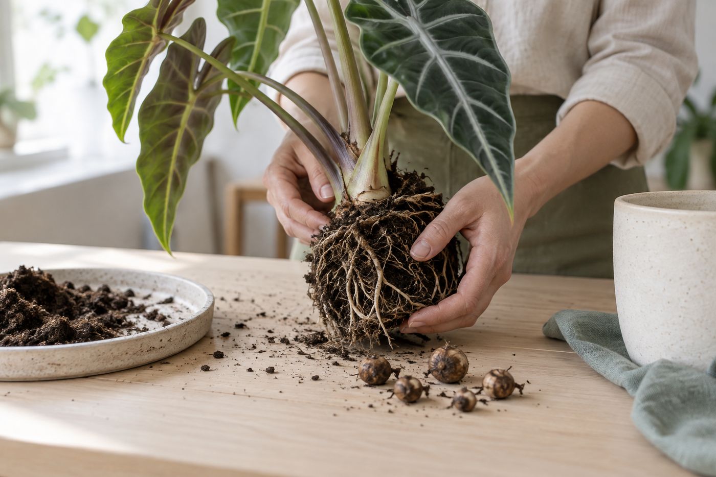 Small alocasia corms (offsets) found while repotting