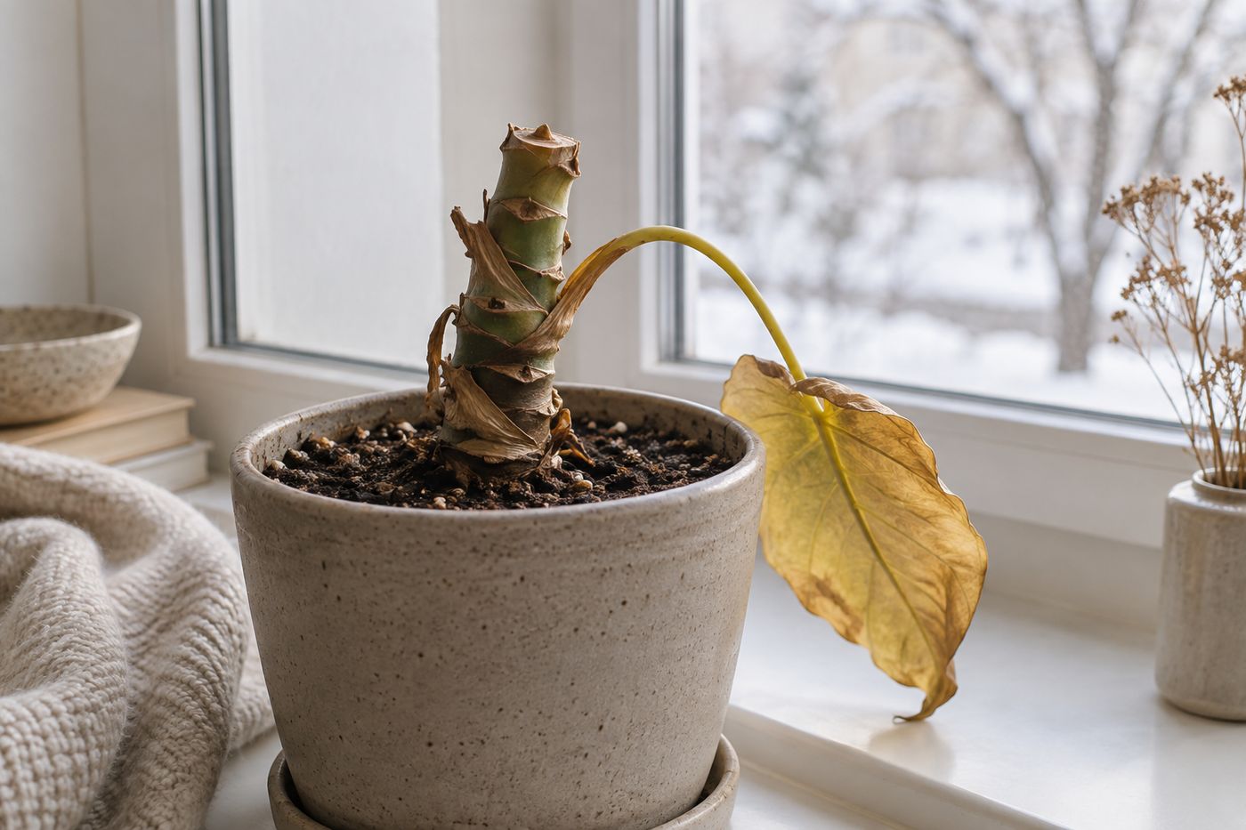 Leafless alocasia stump in a pot during winter dormancy