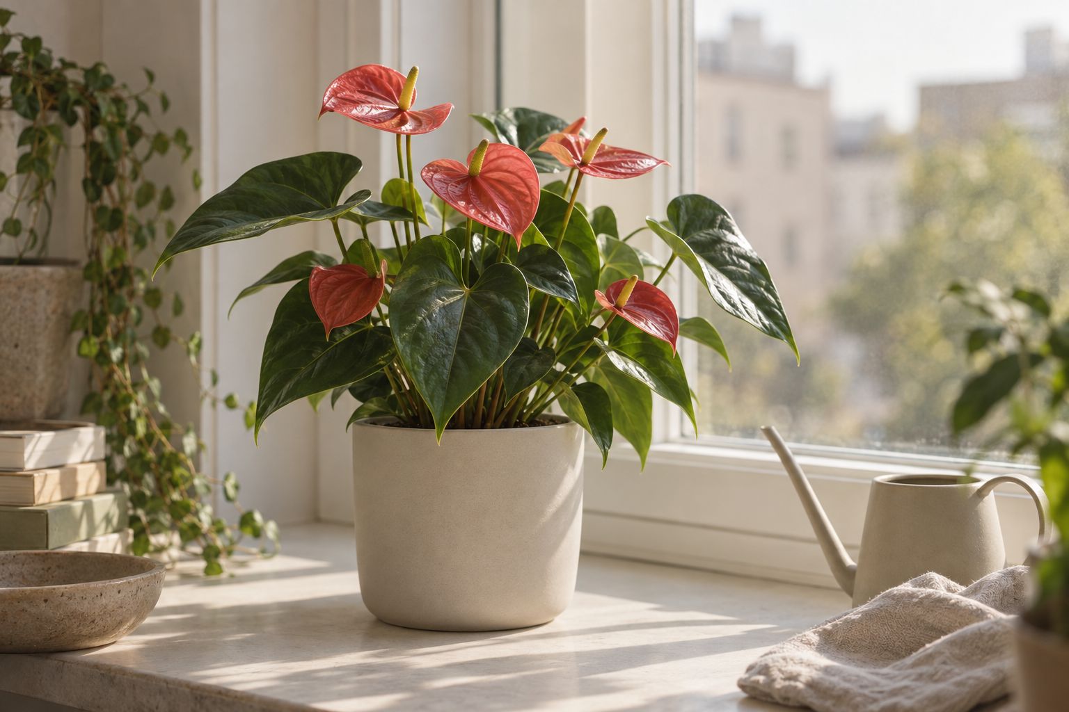 Anthurium with glossy red spathes in a white pot on a windowsill