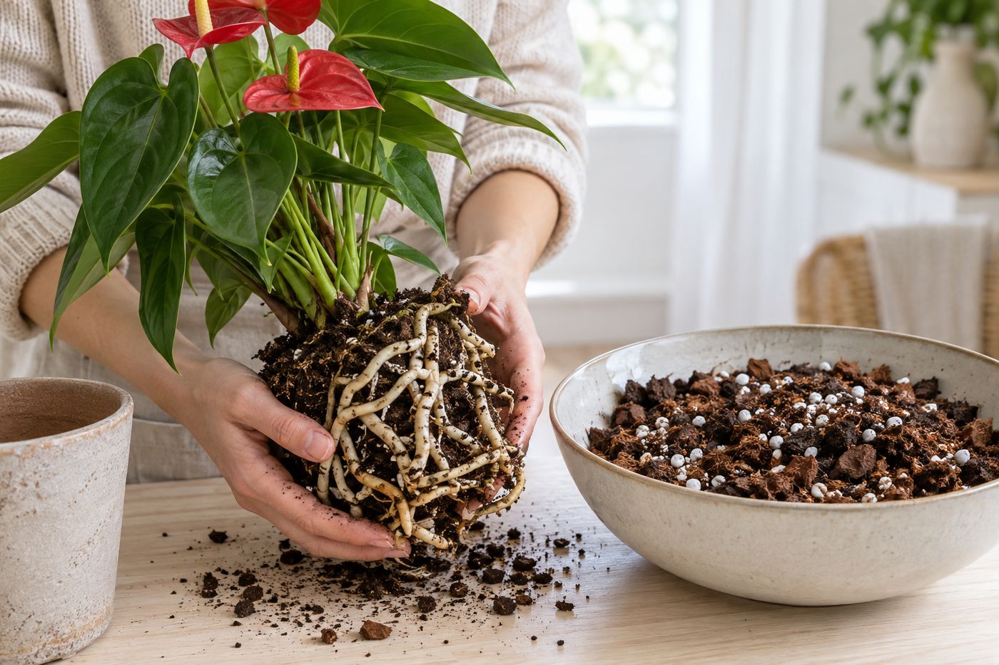 Anthurium roots in a loose bark-based mix during repotting