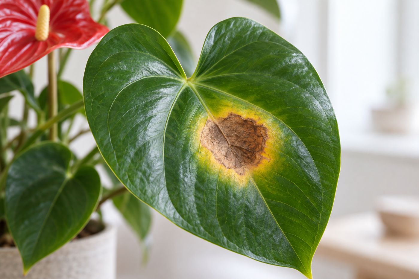 Yellow and brown spots on an anthurium leaf