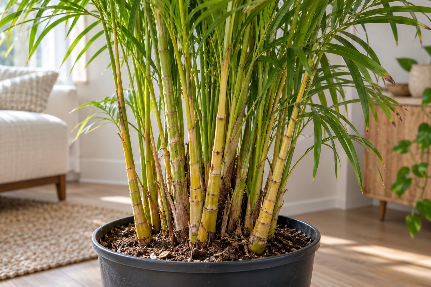 Base of an areca palm clump with many yellowish ringed canes