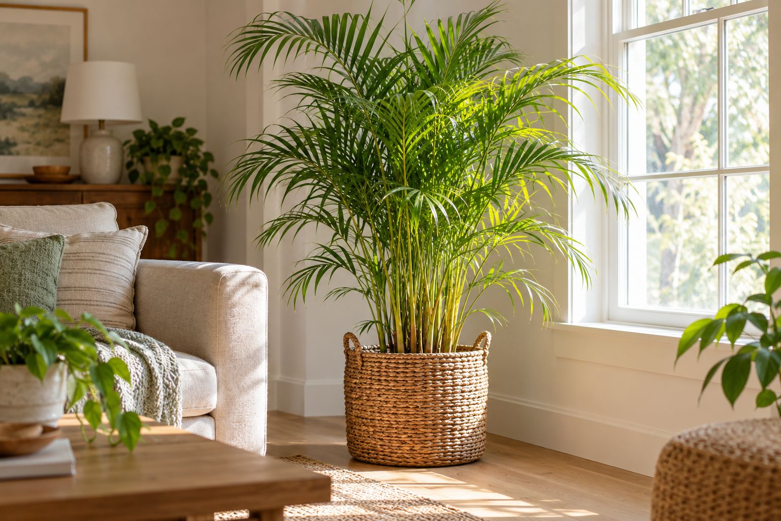 Areca palm with arching feathery fronds on yellow-green canes in a living room