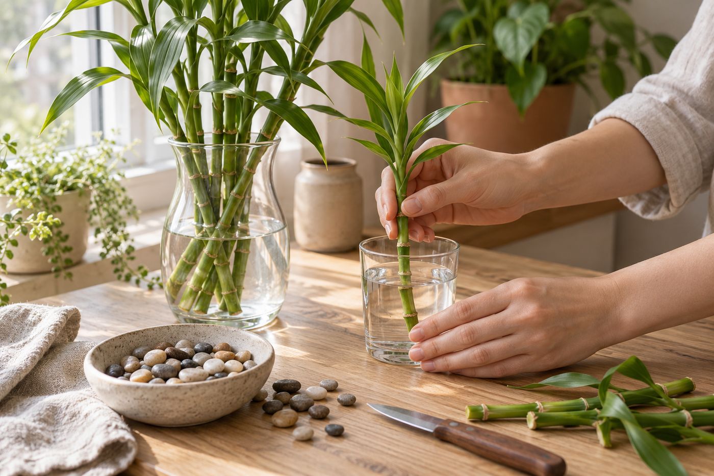 Lucky bamboo top cutting rooting in a glass of water