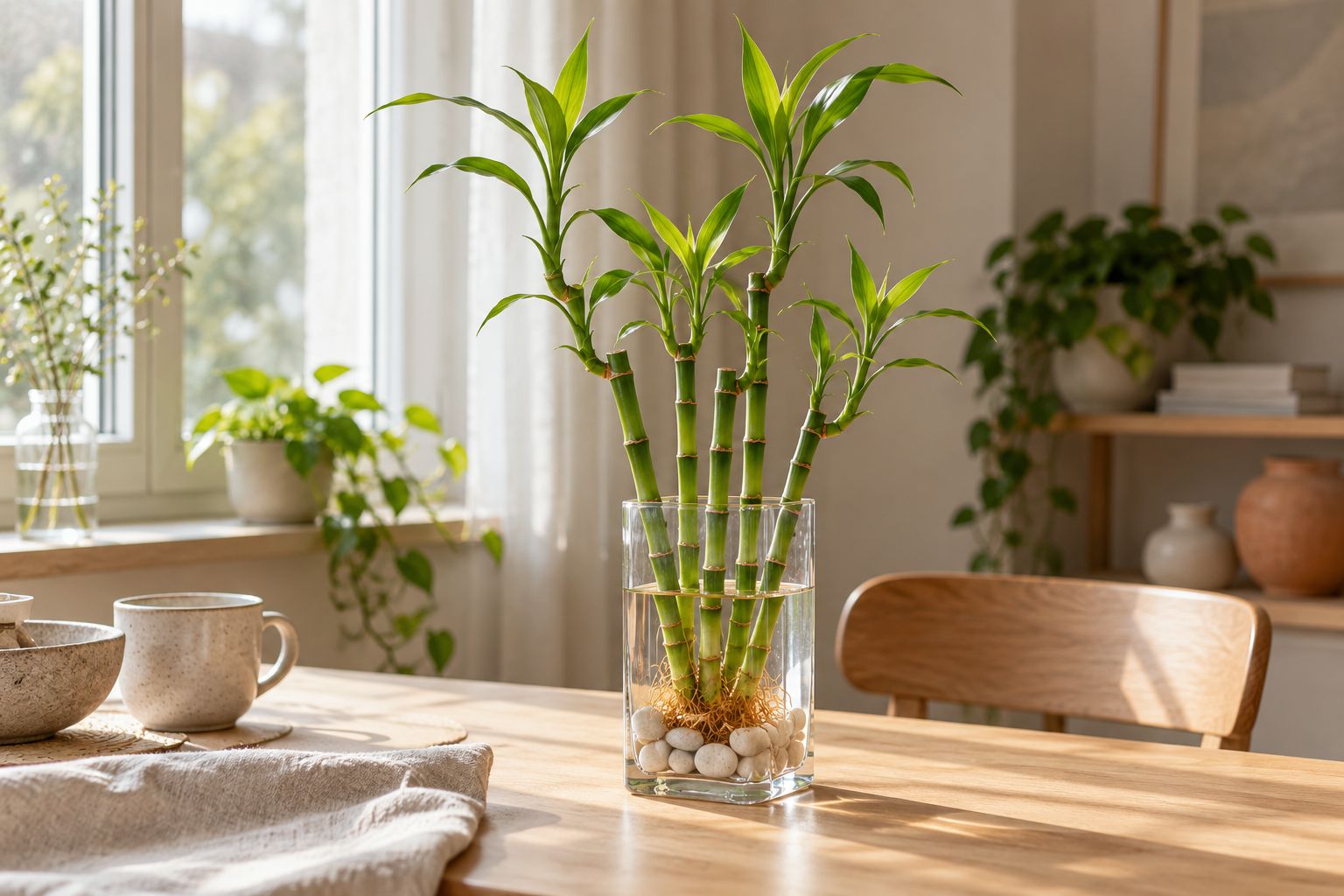 Lucky bamboo stalks in a glass vase with pebbles on a bright windowsill