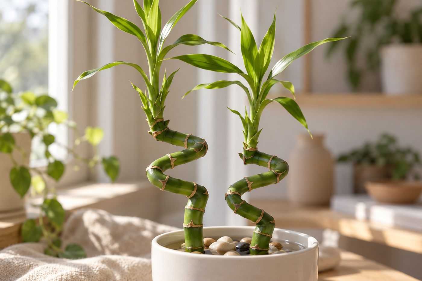 Spiral lucky bamboo stalks with a straight new shoot growing from the top