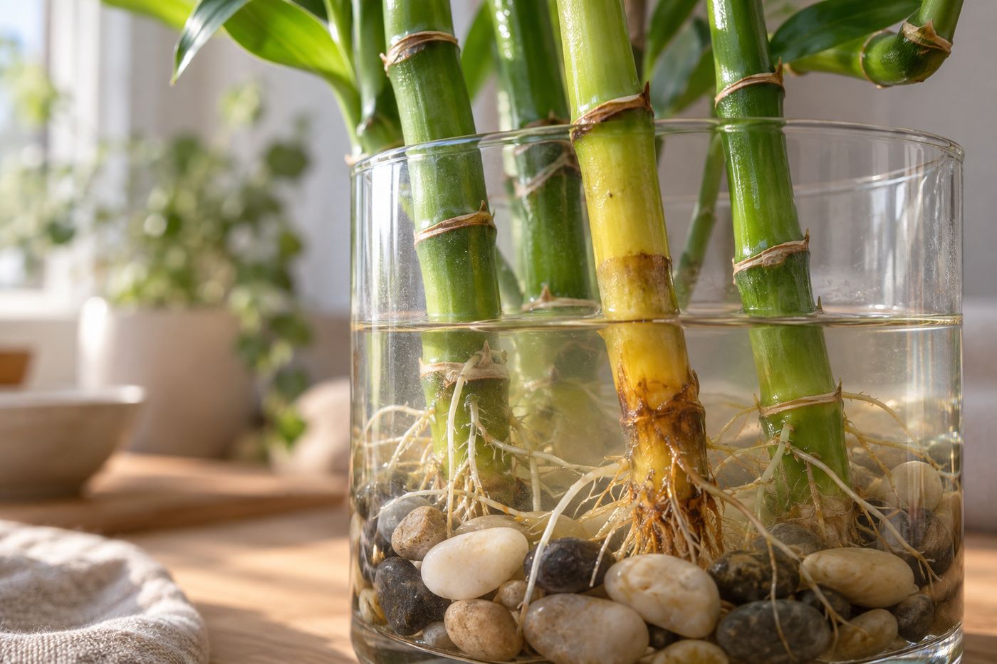 Lucky bamboo stalk turning yellow at the base next to healthy green stalks