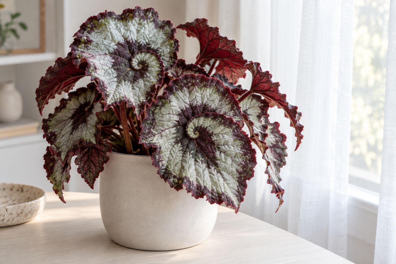 Rex begonia with variegated silver and burgundy leaves in a ceramic pot